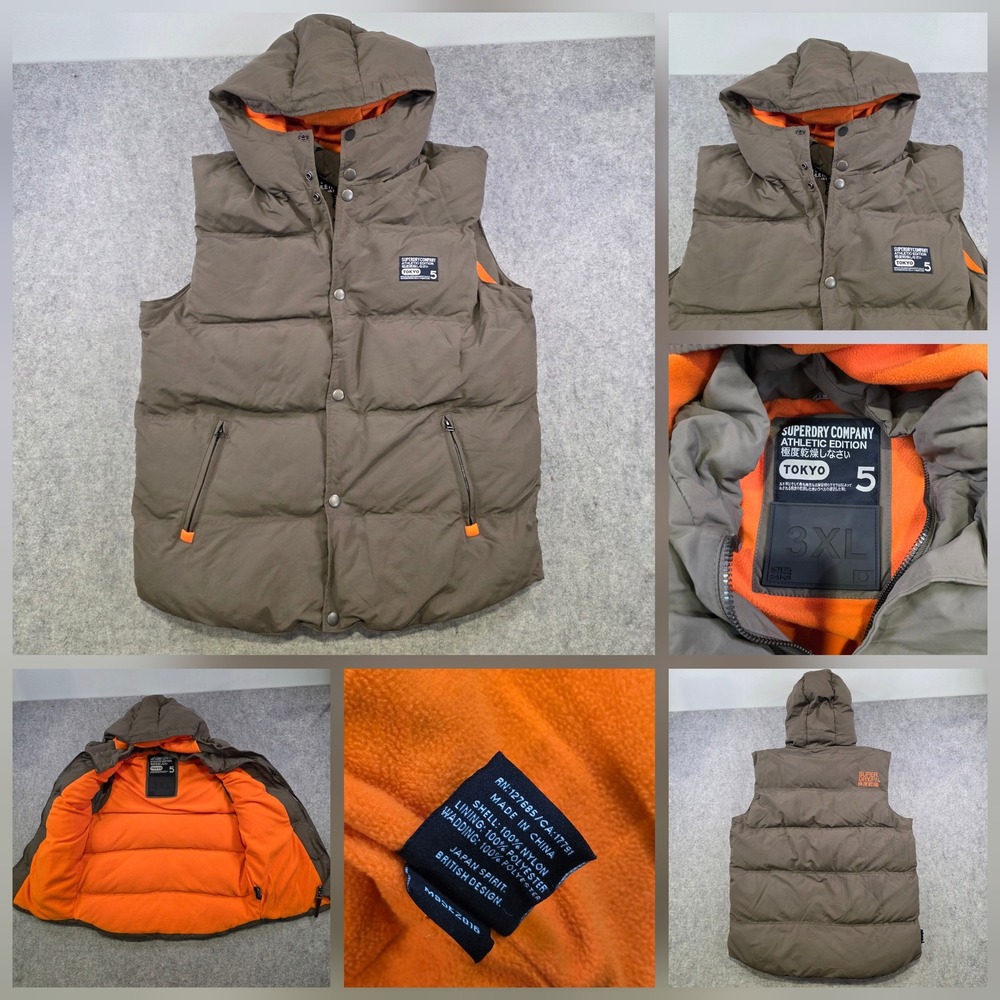 Superdry Gilet Vest Mens 3XL Brown Hooded Puffer Fleece Lined Tokyo 5 Athletic